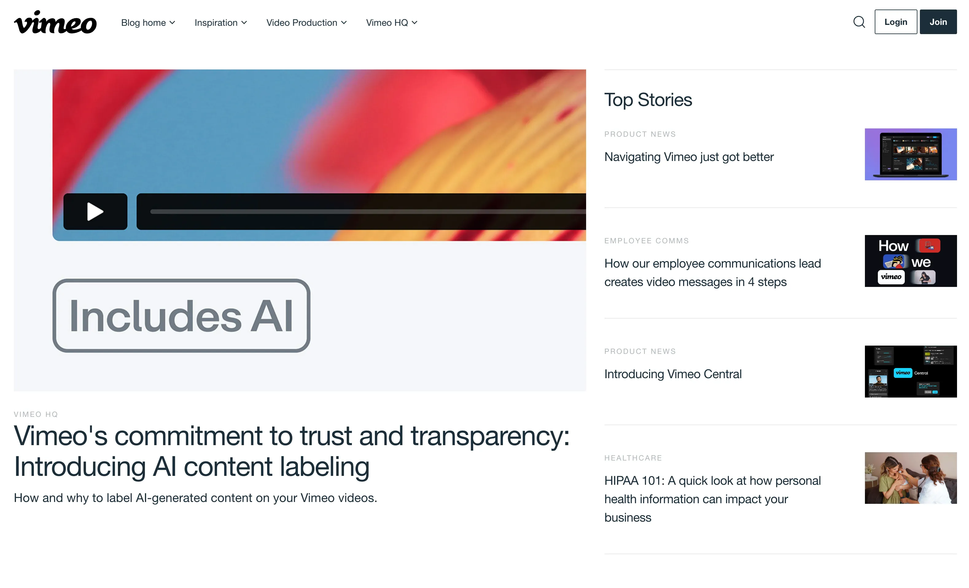 Old Vimeo Blog home on WordPress: a large featured post with a Top Stories list beside it, in the old Vimeo styling