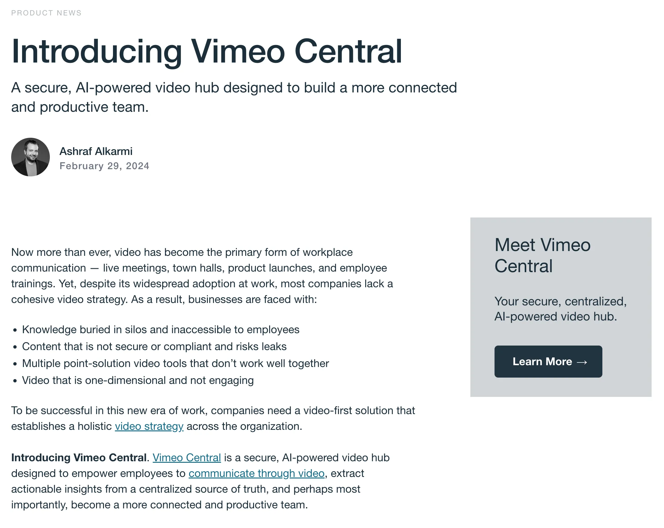 Old Vimeo Blog post: headline, author byline and body text, with a grey promo box in the sidebar