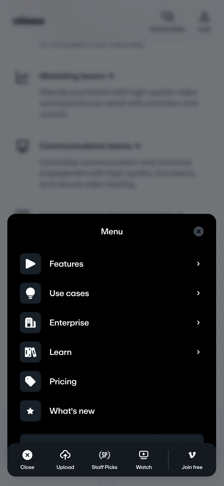 New Vimeo mobile menu opened from the bottom bar: a dark panel listing Features, Use cases, Enterprise, Learn, Pricing and What's new, each with an icon