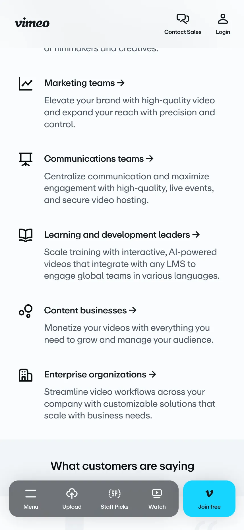 New Vimeo mobile site with a floating bar at the bottom of the screen holding Menu, Upload, Staff Picks, Watch and a highlighted Join free button