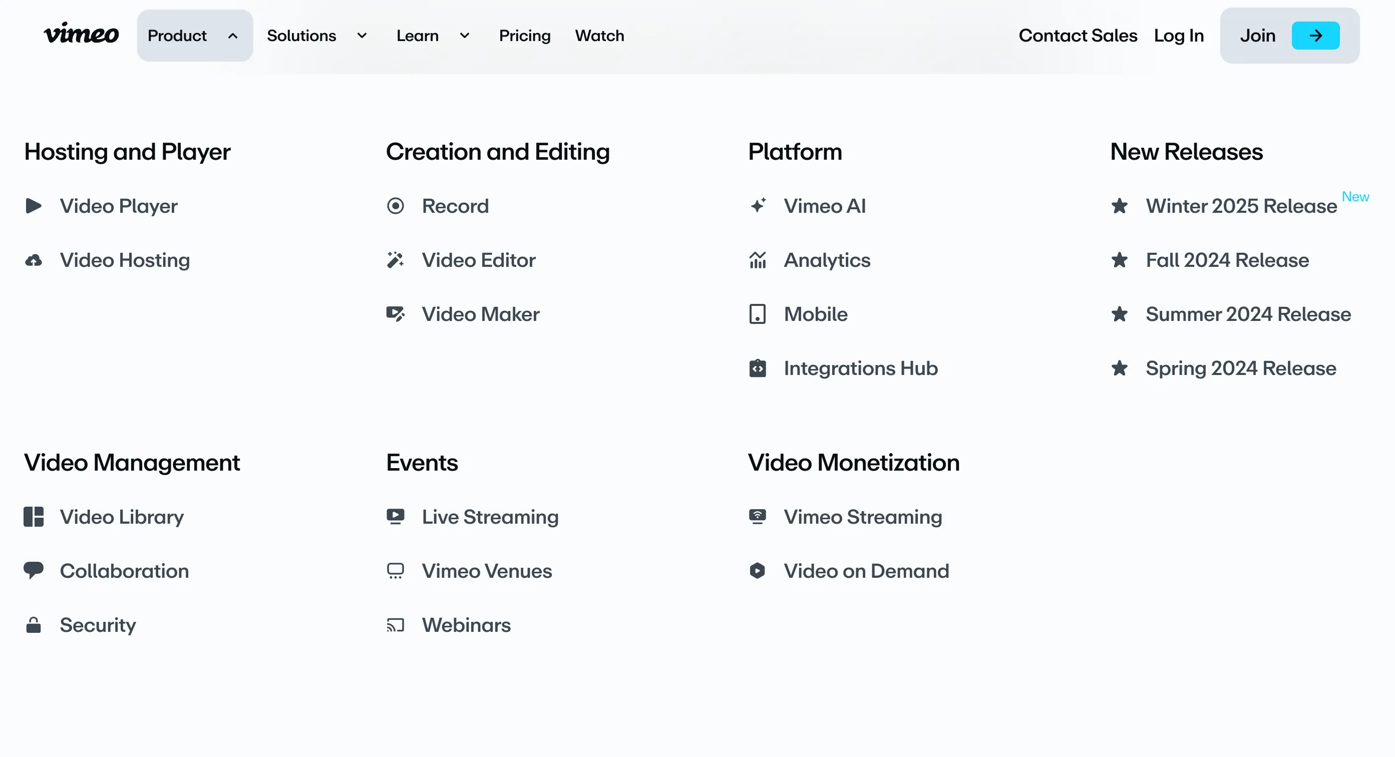 Old Vimeo navigation with the Product menu open: a plain list of links with small icons, grouped under headings like Hosting and Player, Creation and Editing, and Platform